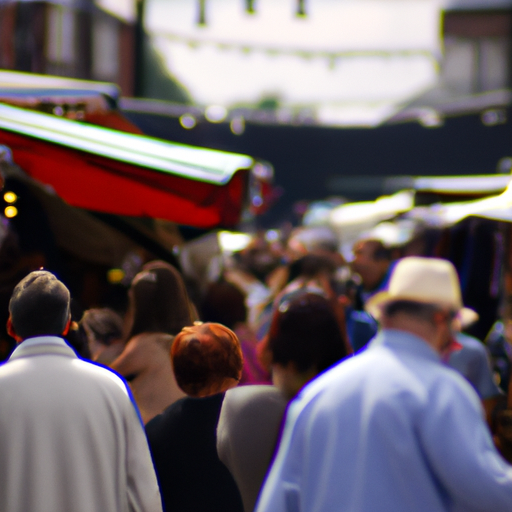 צילום רחב של השוק השוקק, מציג דוכנים צבעוניים ואנשים נהנים מהאווירה.