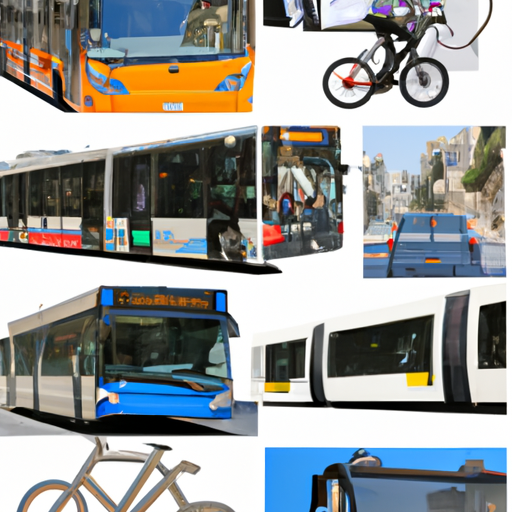 קולאז' של אפשרויות התחבורה הציבורית בירושלים, כולל אוטובוסים, חשמליות ואופניים משותפים
