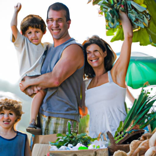 משפחה של חקלאים מקומיים מציגים בגאווה את התוצרת האורגנית שלהם בשוק.