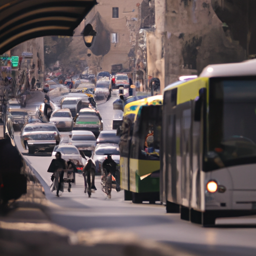 רחוב שוקק חיים בירושלים המציג אמצעי תחבורה שונים