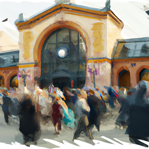 סצנה עמוסה בכניסה לשוק, לוכדת את האנרגיה וההתרגשות של שוק שבת בבודפשט
