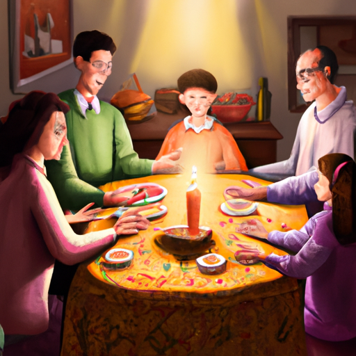 איור של משפחה שהתאספה סביב שולחן, מדליקה נרות ואומרת תפילות לקבלת השבת