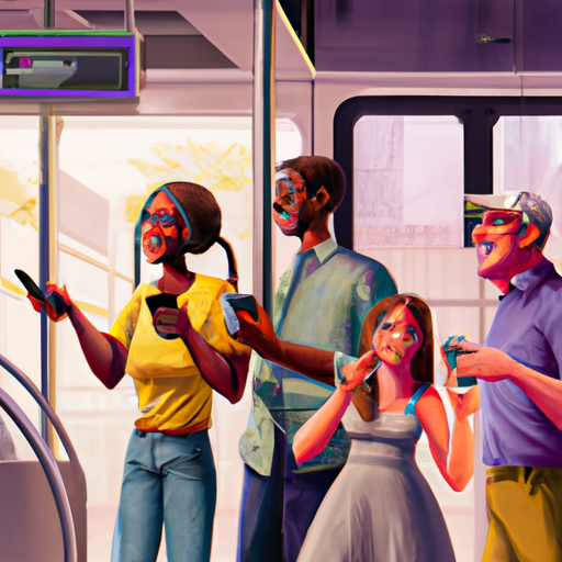 קבוצה של נוסעים מאושרים המשתמשים במידע על מיקום האוטובוס בזמן אמת בסמארטפונים שלהם