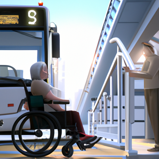 משתמש בכיסא גלגלים עולה על אוטובוס עם קומה נמוכה, מציג תכונות נגישות