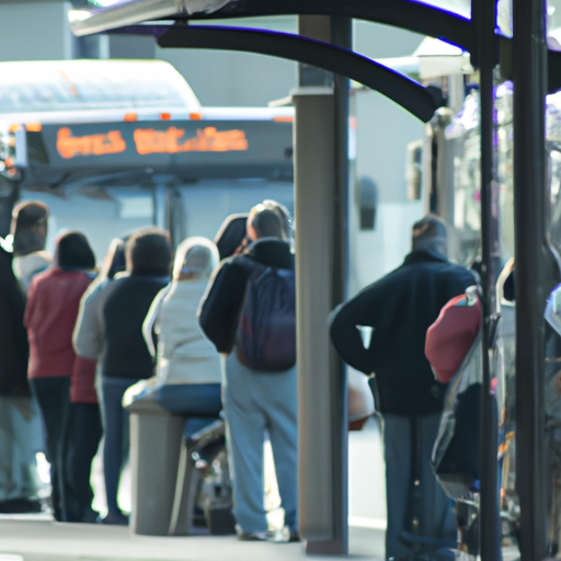 תחנת אוטובוס עמוסה עם אנשים שמחכים לתחבורה ציבורית ביום ראשון בבוקר