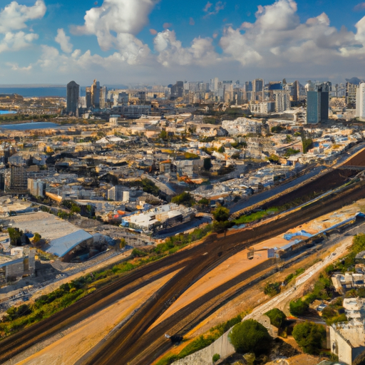 מבט אווירי של נוף עירוני אשדוד, המציג את המתווה העירוני שלה ותשתיות התחבורה הציבורית